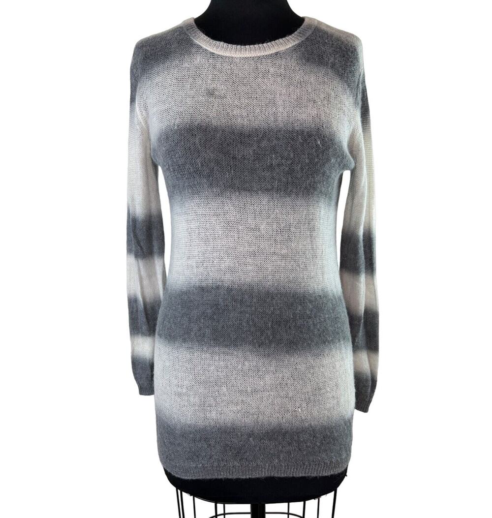 Pure DKNY Alpaca Wool Blend Gray Striped Loose Knit Lightweight Sweater S Small
